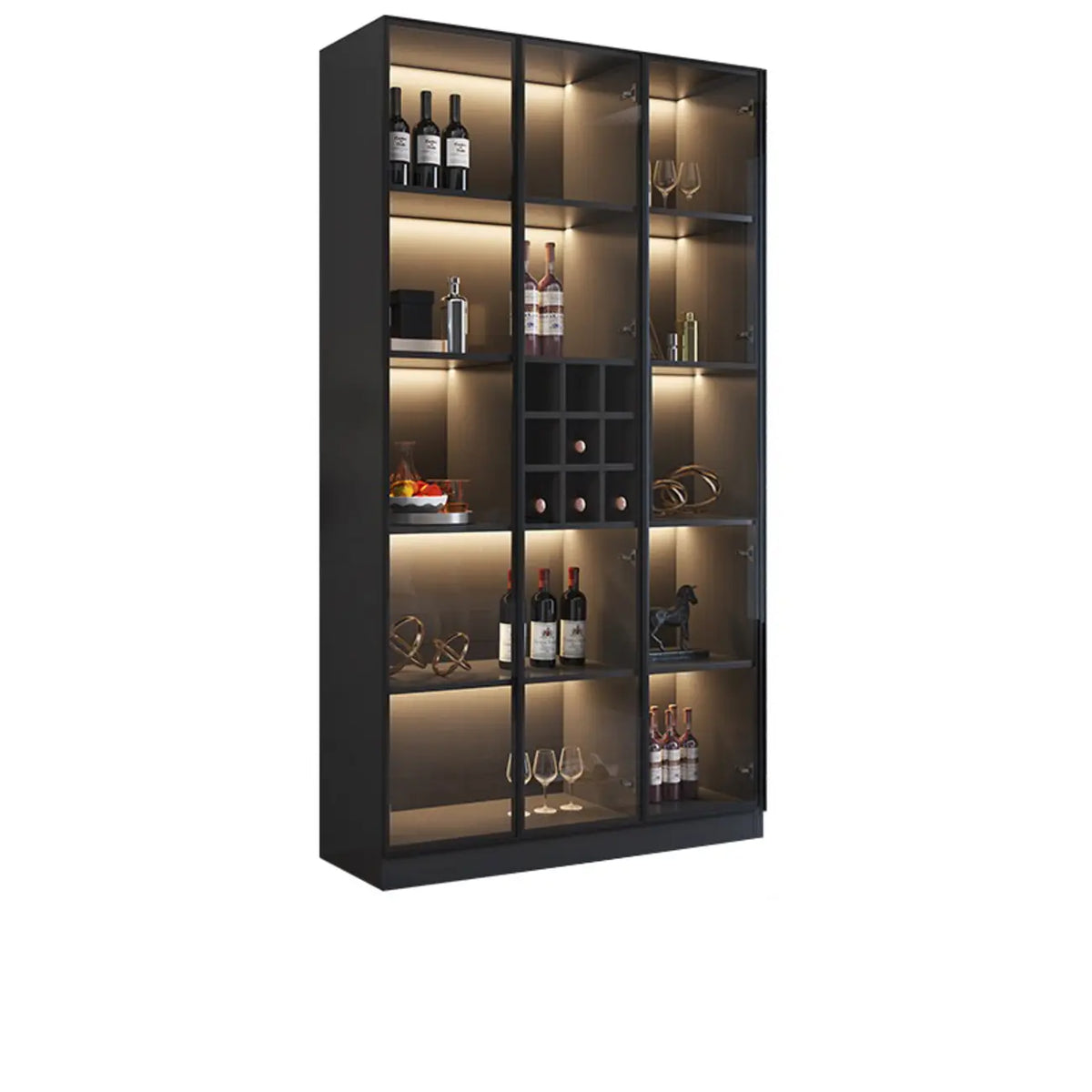 Mobile portabottiglie minimalista in legno nero con anta in vetro