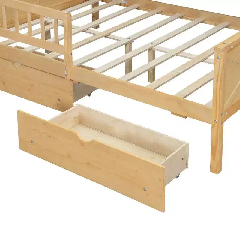 Struttura letto a casetta a grandezza naturale con cassetti, letto a piattaforma a casetta con luci LED, mensole e cassetti portaoggetti, divano letto in legno con tetto e sponda
