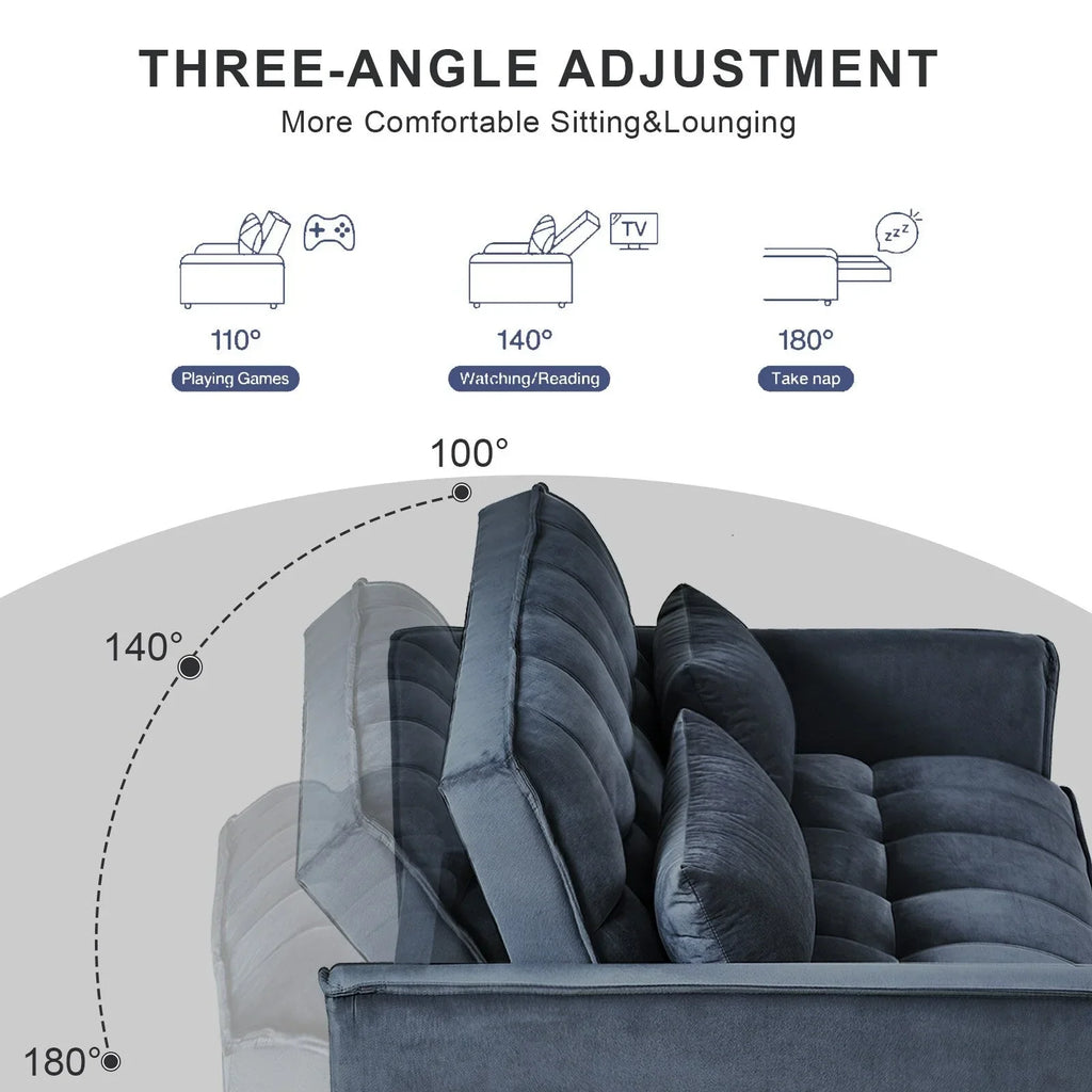 Moderno divano letto estraibile, divano letto 3-in-1 con schienale regolabile, divanetto in velluto, cuscini e tasche laterali