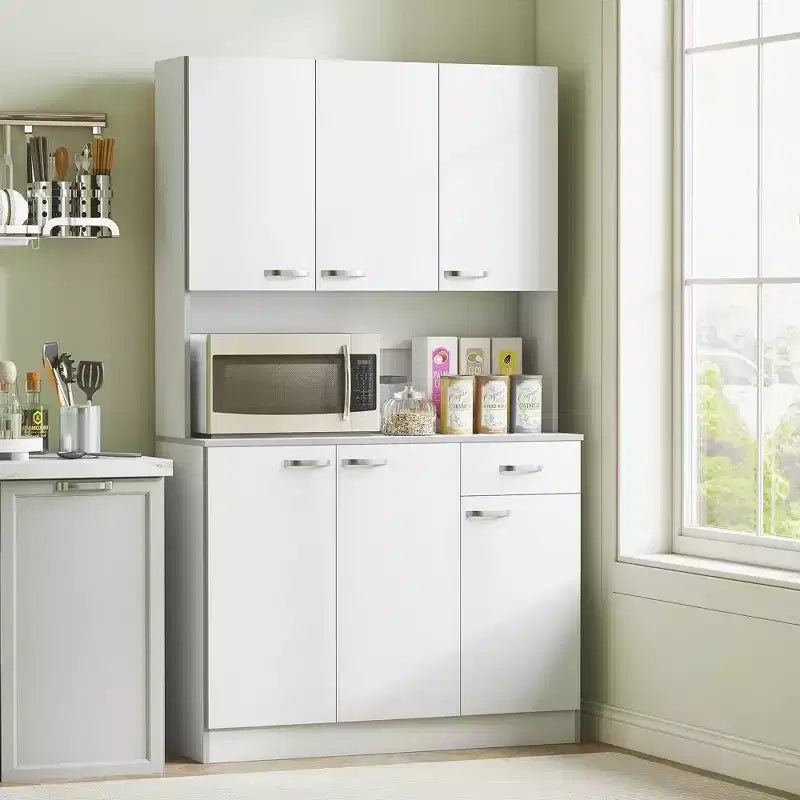71 Armadio dispensa da cucina, mobile contenitore alto con supporto per microonde, credenza da cucina moderna, 3 ripiani regolabili per soggiorno, sala da pranzo