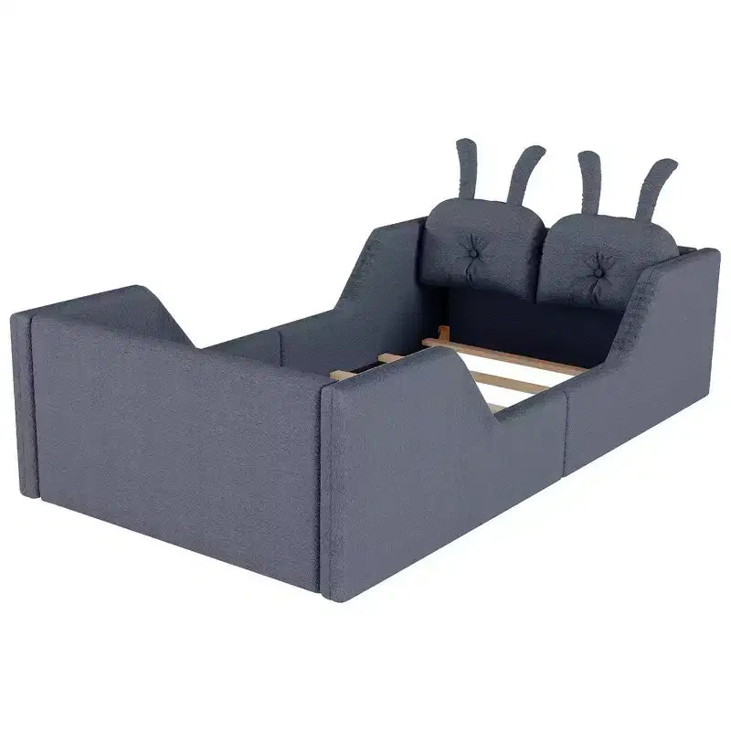 Whisen Twin - Letto a piattaforma, Letto imbottito da pavimento per bambini con cuscino a coniglio, Sponde laterali rimovibili
