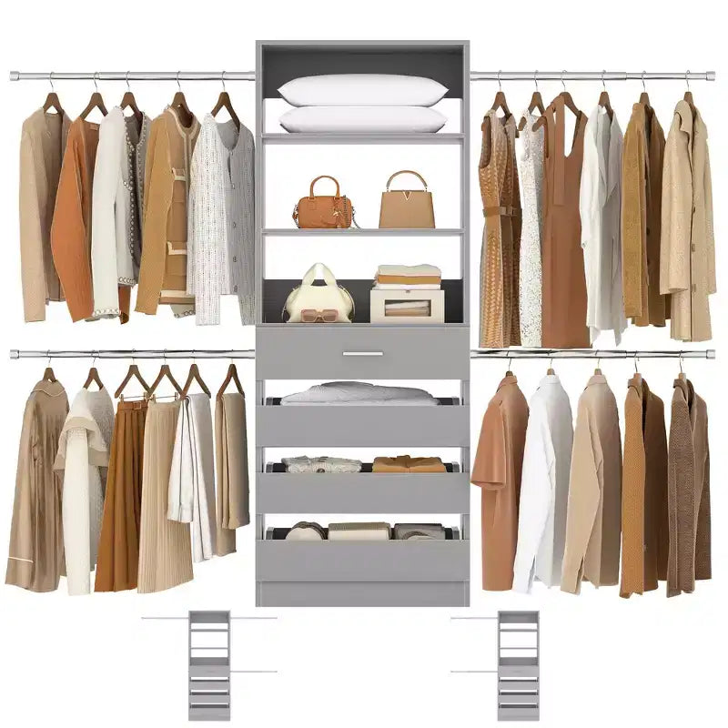 Besiost Sistema Organizer per Armadio in Legno 4-9 piedi con 4 Cassetti, 4 Aste Appendiabiti e Torri Scaffale