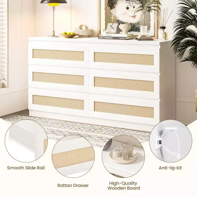 Cassettiera in Rattan per Camera da Letto con 6 Cassetti, Comò Largo Moderno in Stile Fattoria da 120 cm, Mobile Contenitore in Legno per Armadio, Soggiorno, Corridoio
