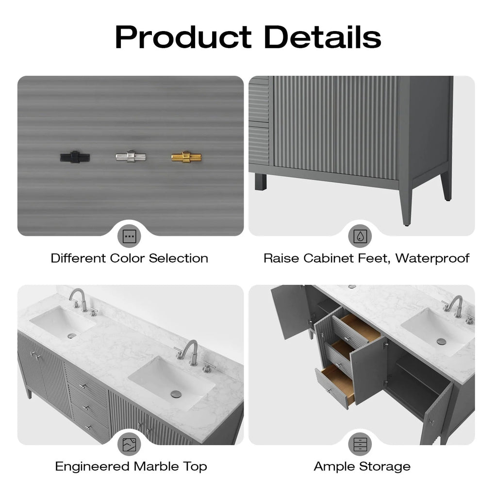 Mobile lavabo doppio Vanity Art 72 per bagno con piano in marmo composito