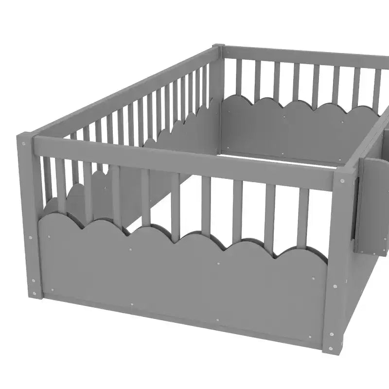 Letto a terra per bambini Bellemave con recinzione rialzata e libreria, struttura letto matrimoniale in legno Montessori per bambine e bambini
