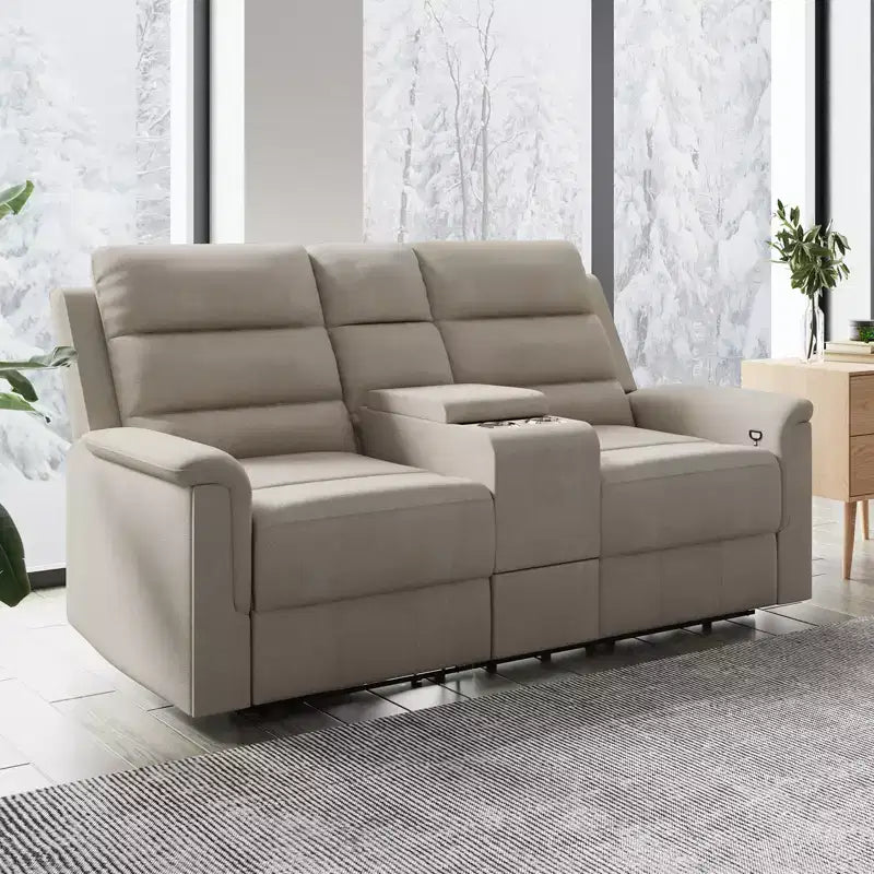 Divanetto reclinabile in tessuto tecnico beige/grigio, 2 posti, schienale e poggiapiedi regolabili