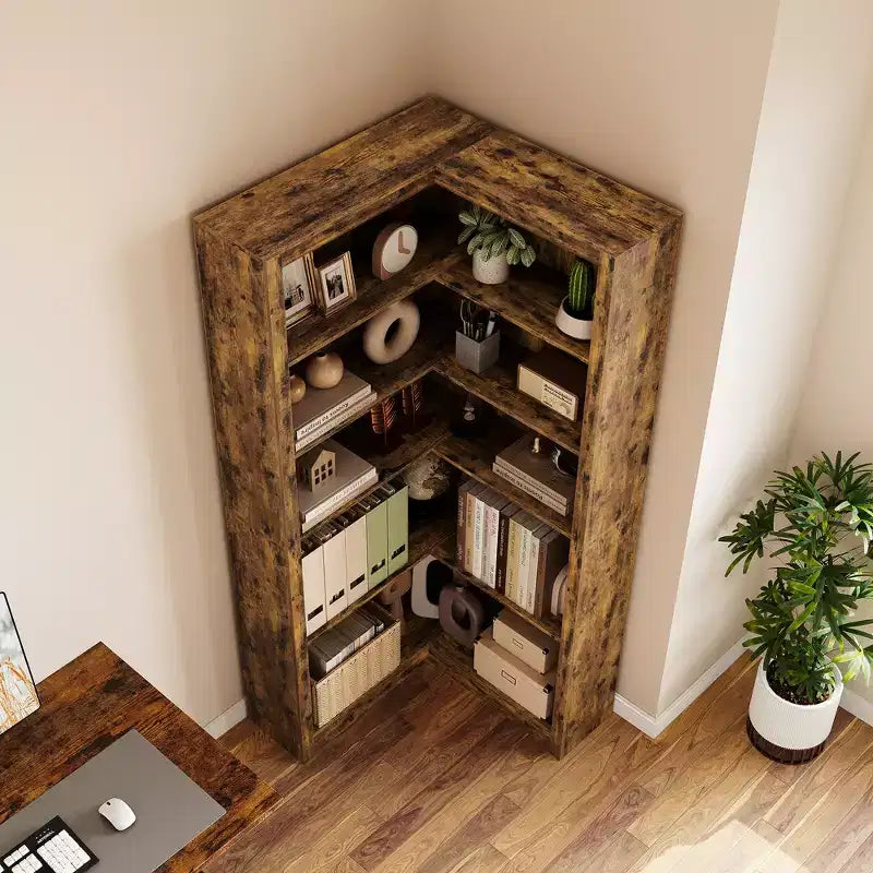 Libreria angolare a 5 ripiani a forma di L, in stile retrò, Bianco/Nero/Legno, singola