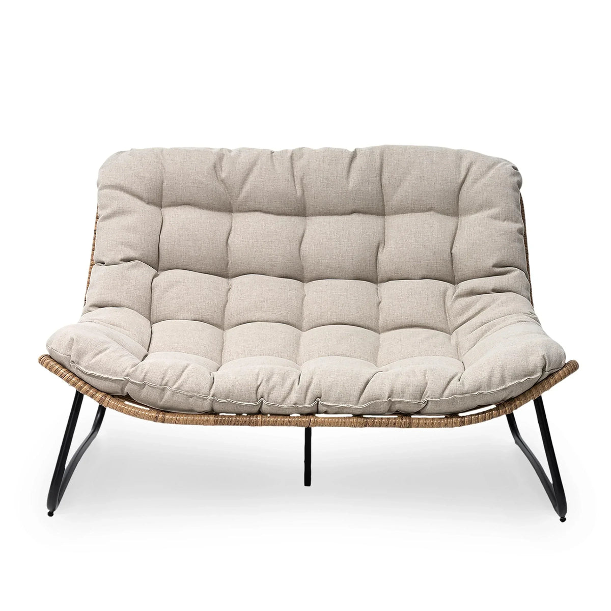 Divanetto due posti Double Papasan con cuscino, in rattan PE per tutte le stagioni e struttura in metallo per interni ed esterni