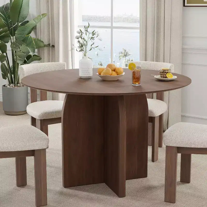 Tavolo da pranzo rotondo PexFix 45 x 45 in legno massello con finitura noce ed eleganti gambe ad arco per sale da pranzo e cucine moderne