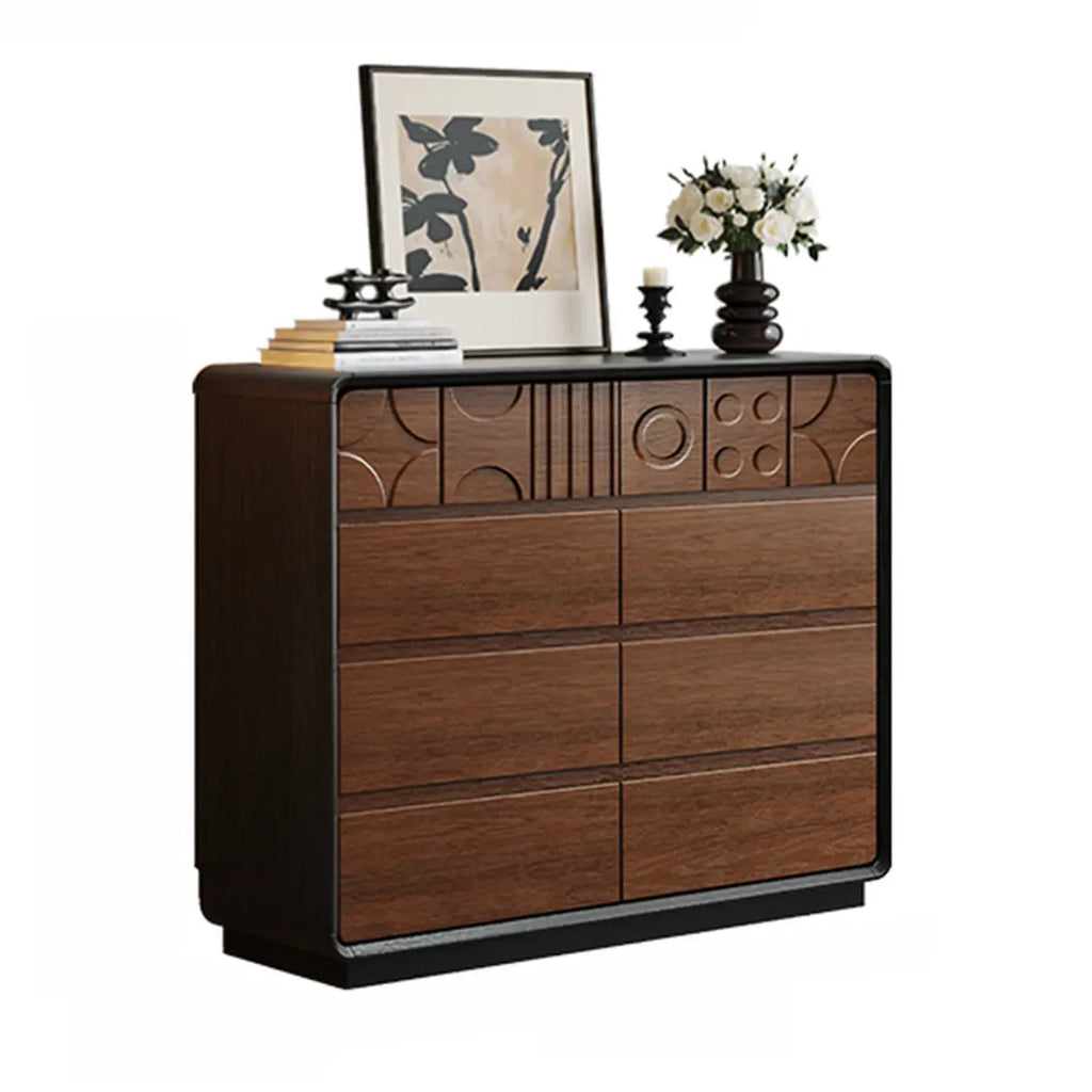 Cassettiera in legno ispirata all'Art Déco con intagli geometrici