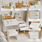 Set scrivania e sedia per bambini, tavolo da studio in legno con piano inclinabile regolabile, cassetti e bacheca in sughero - Set scrivania per lo studio dei bambini