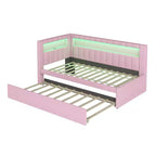Letto da Giorno Twin/Full con Letto Estraibile e Testiera a Libreria a L, Letto Angolare Imbottito in Lino con Ripiani Portaoggetti e Cinghia a LED