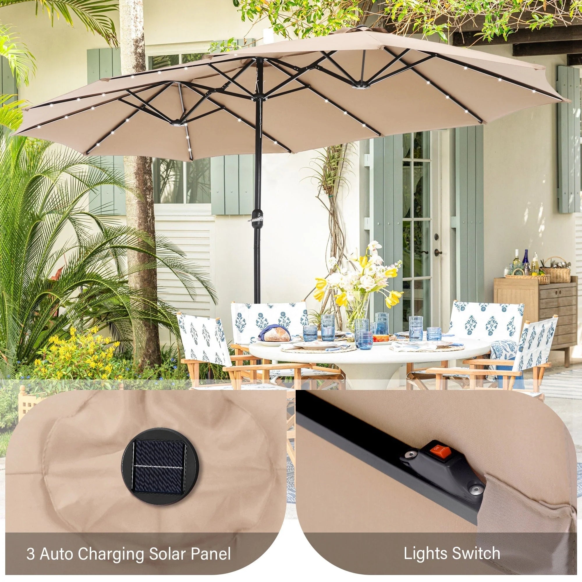 Ombrellone da esterno rettangolare con manovella, a doppia faccia, da 4,5 metri, con luci a LED solari e base inclusa