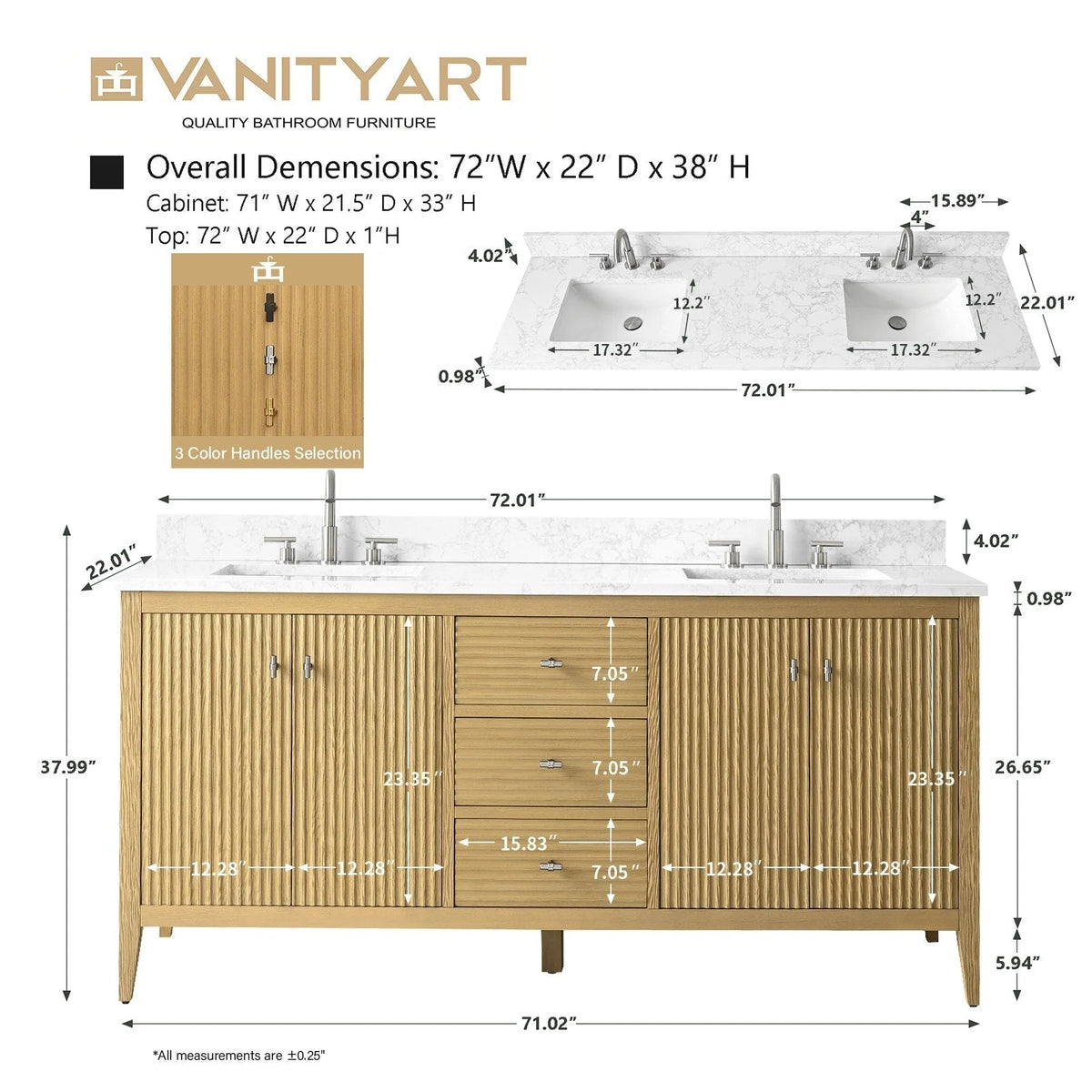 Mobile lavabo doppio Vanity Art 72 per bagno con piano in marmo composito