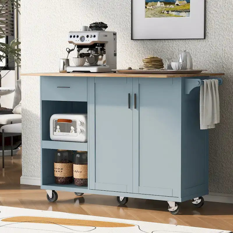 Isola da cucina con piano pieghevole, carrello da cucina con ripiano estraibile, portasciugamani e cassetto, ruote girevoli