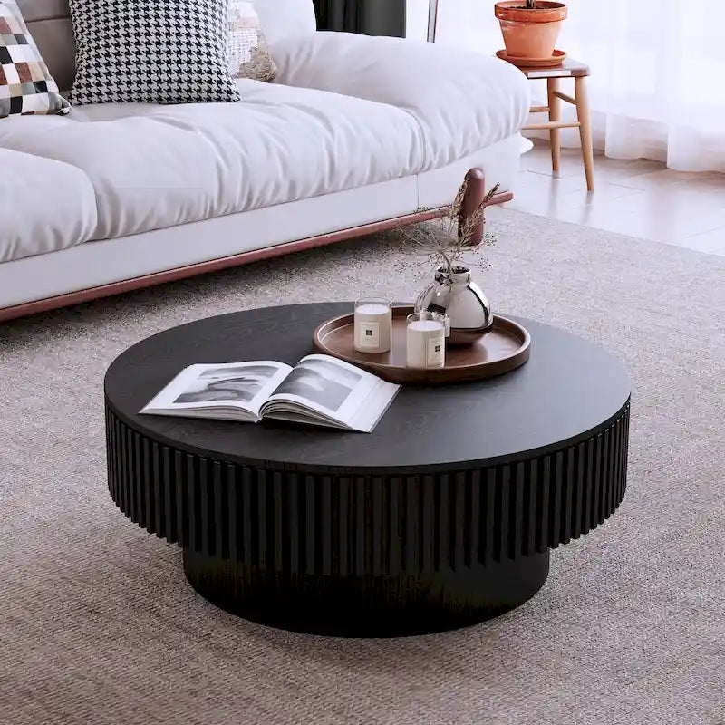 Tavolino rotondo moderno in legno massello impiallacciato con contenitore