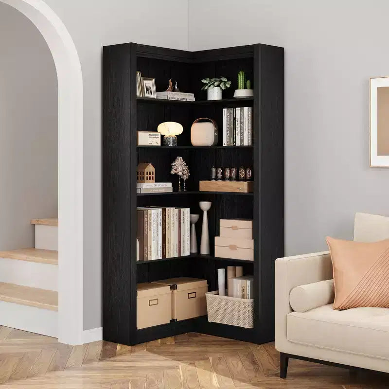 Libreria angolare a 5 ripiani a forma di L, in stile retrò, Bianco/Nero/Legno, singola
