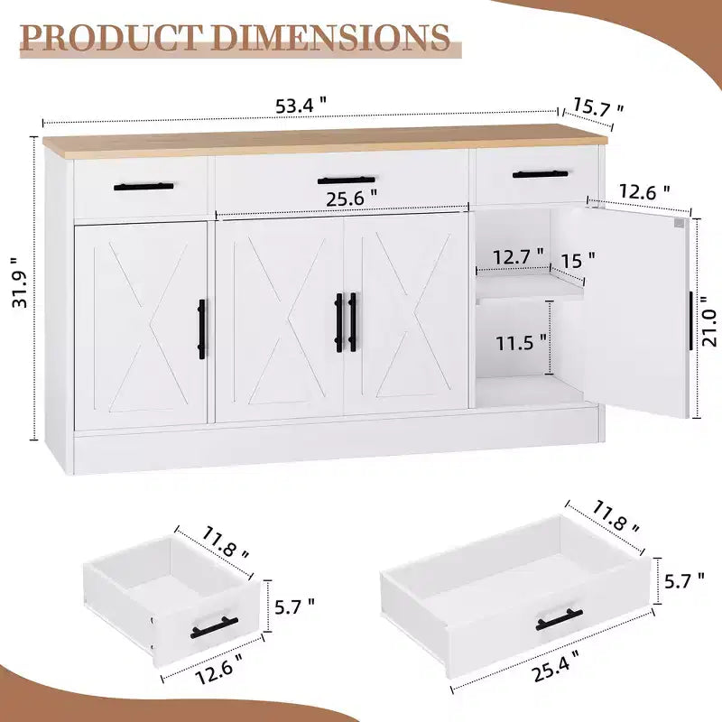 Mobile Buffet Celebalcony con Contenitore, Grande Mobile Contenitore da Cucina da 53,4 pollici con 3 Cassetti e 4 Ante, Ripiano Regolabile per Cucina, Soggiorno
