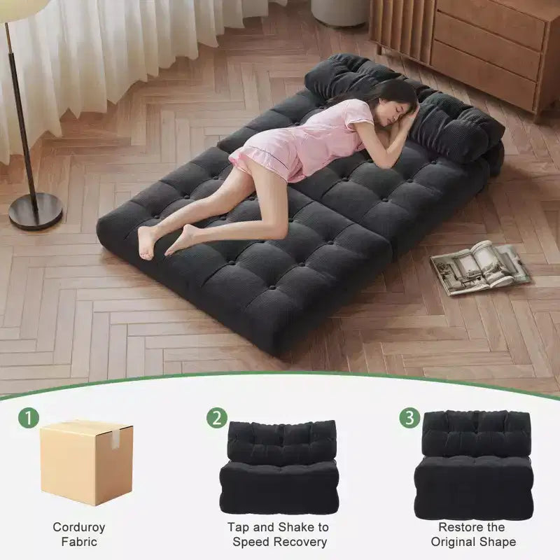 Divano Letto Futon Pieghevole in Velluto a Coste, Sedia Convertibile da Pavimento con Cuscino e Supporto per la Schiena