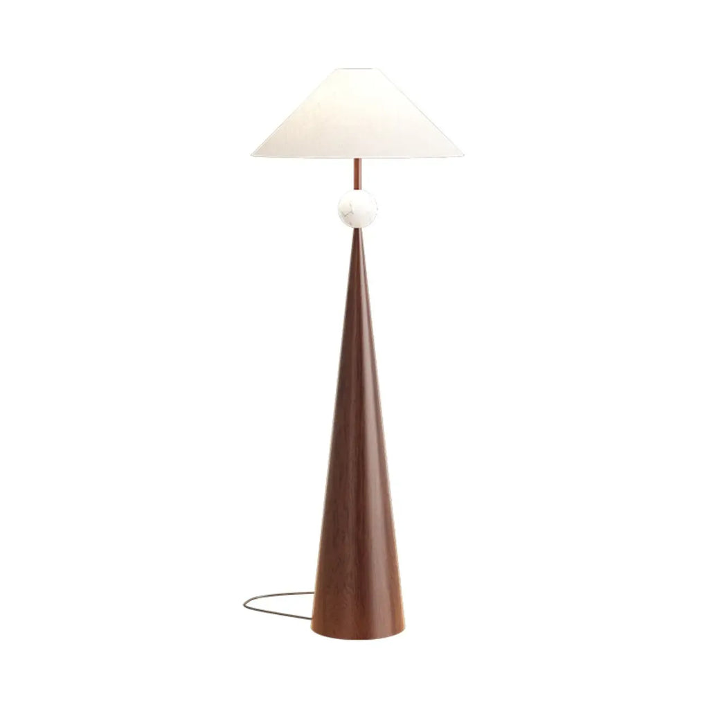 Lampada da terra contemporanea in metallo affusolato con paralume in tessuto