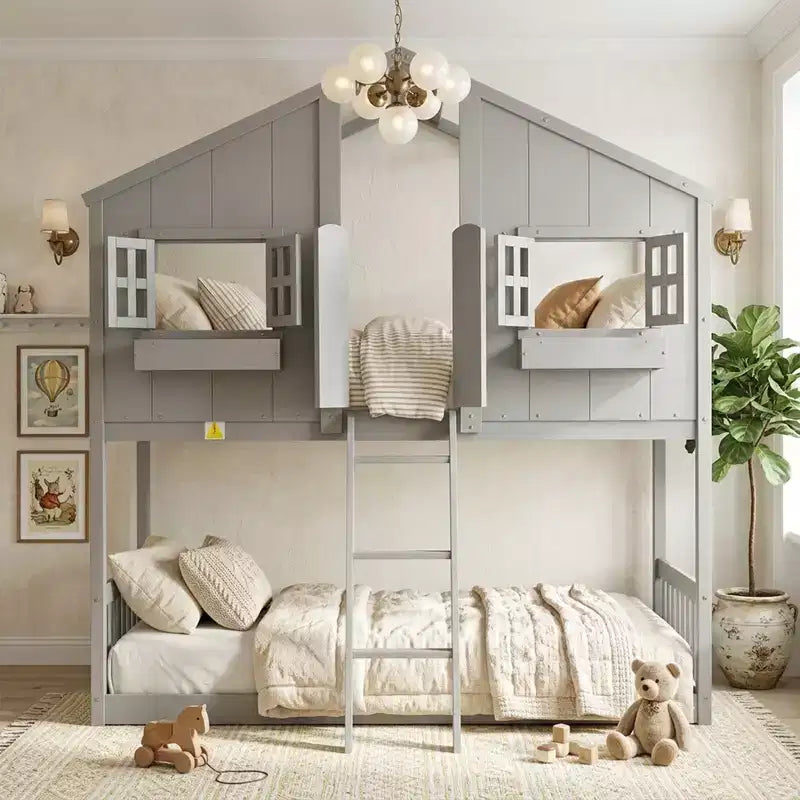 Letto a soppalco a forma di casetta con scaletta e spondine per bambini, in legno, misura singola