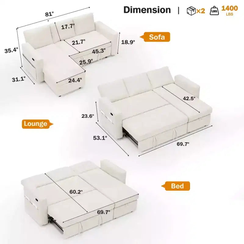 Divano Letto Estraibile 2 in 1 con Chaise Longue Contenitore, Divano Componibile in Ciniglia con Porte USB per Soggiorno