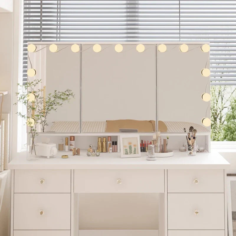 Lussuosa Toeletta da Trucco a LED con 9 Cassetti Elegante Postazione Trucco