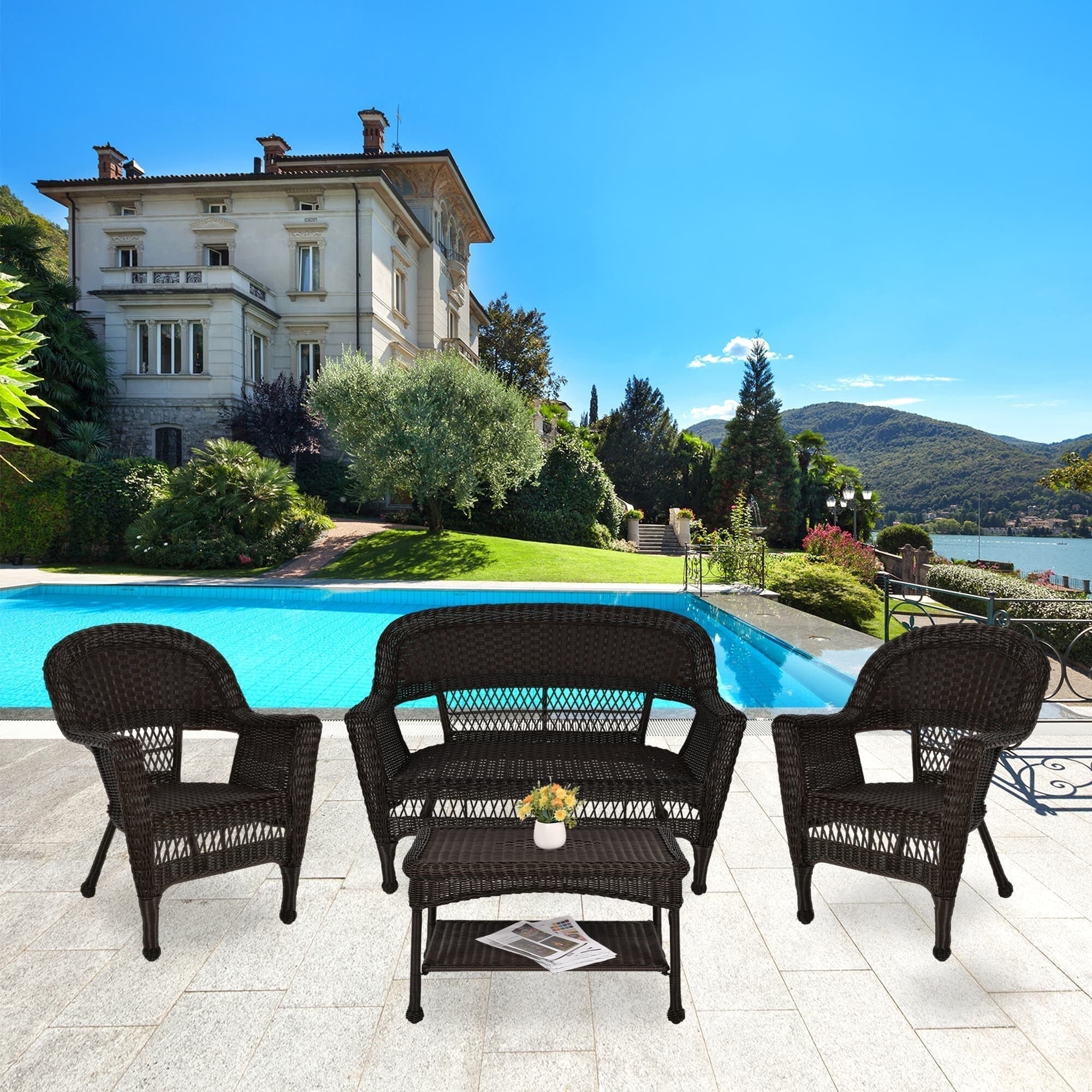 Set da conversazione da 4 pezzi per patio in vimini