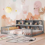 Letto a terra Montessori per materasso singolo/una piazza e mezza con libreria, ripiani e sponde di sicurezza bianco/grigio