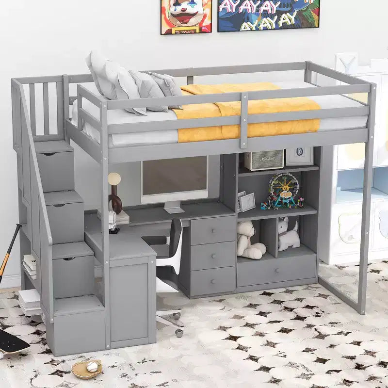 Letto a soppalco singolo con scrivania a L, 3 cassetti, armadio, contenitore per scale, struttura in pino massiccio/MDF