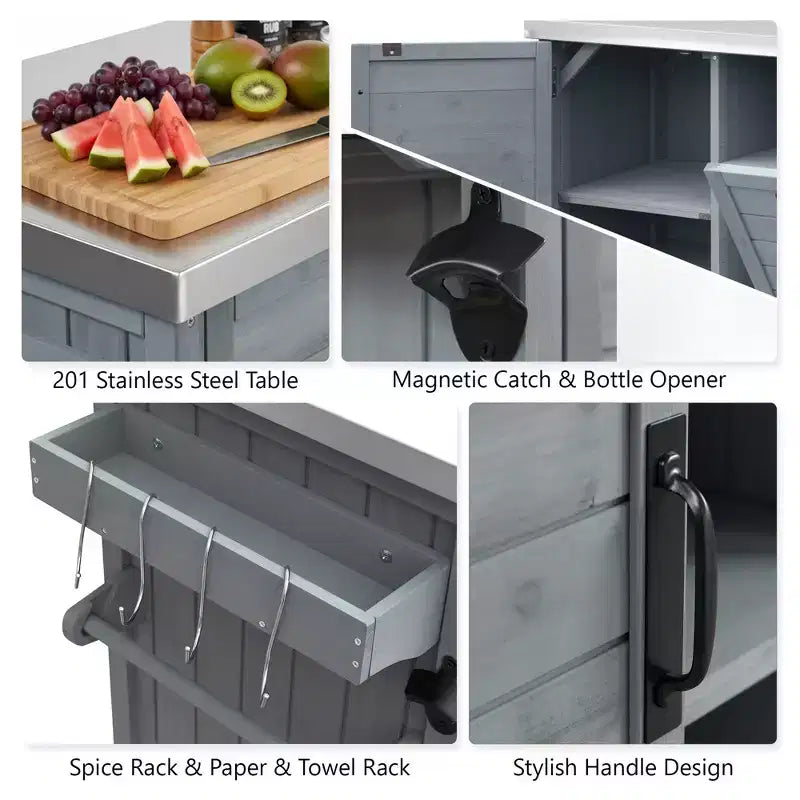 Isola cucina da esterno FAMYYT da 198,9 cm con piano di lavoro in acciaio inossidabile, stazione barbecue pieghevole e mobili contenitori, blu grigio