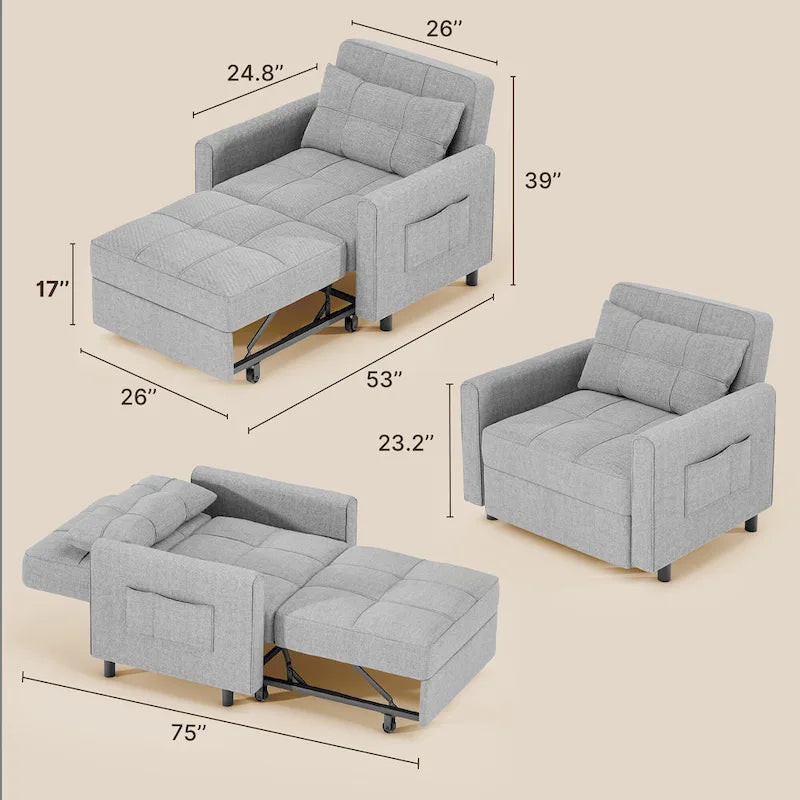 Poltrona Letto Trasformabile 3-in-1, Divano da Salotto Pieghevole Regolabile Imbottito