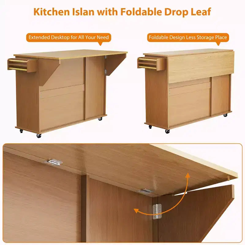 Tavolo da cucina mobile con isola da 55" con presa di corrente e anta a ribalta, carrello da cucina con isola su ruote e armadietto per pattumiera per la cucina