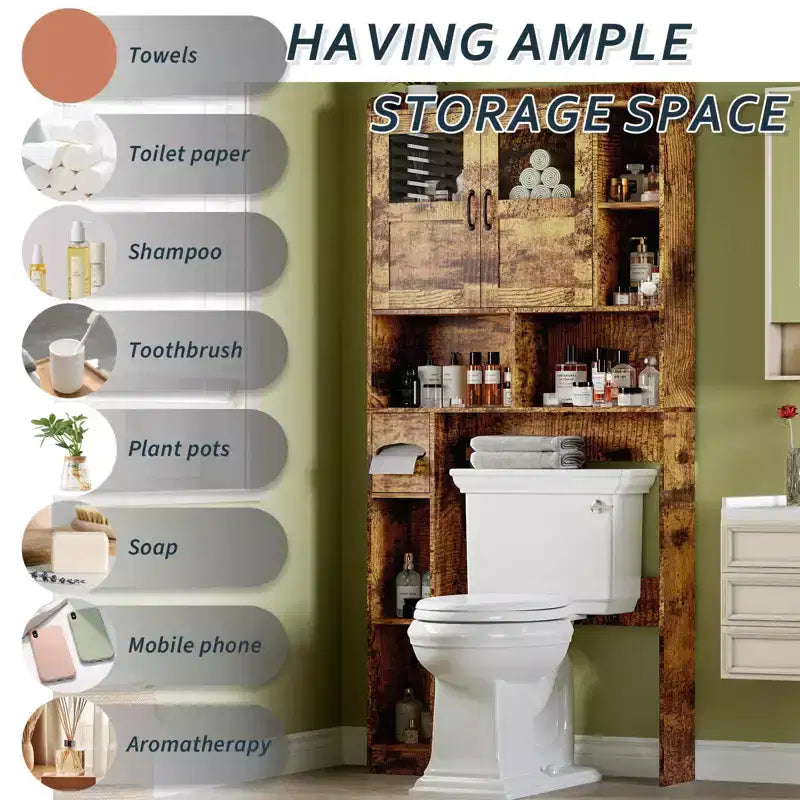 Mobiletto salvaspazio sopra il WC - Organizer e mobiletto da bagno in stile rustico da 67,4 H con ripiano regolabile e anta in vetro per bagno, lavanderia