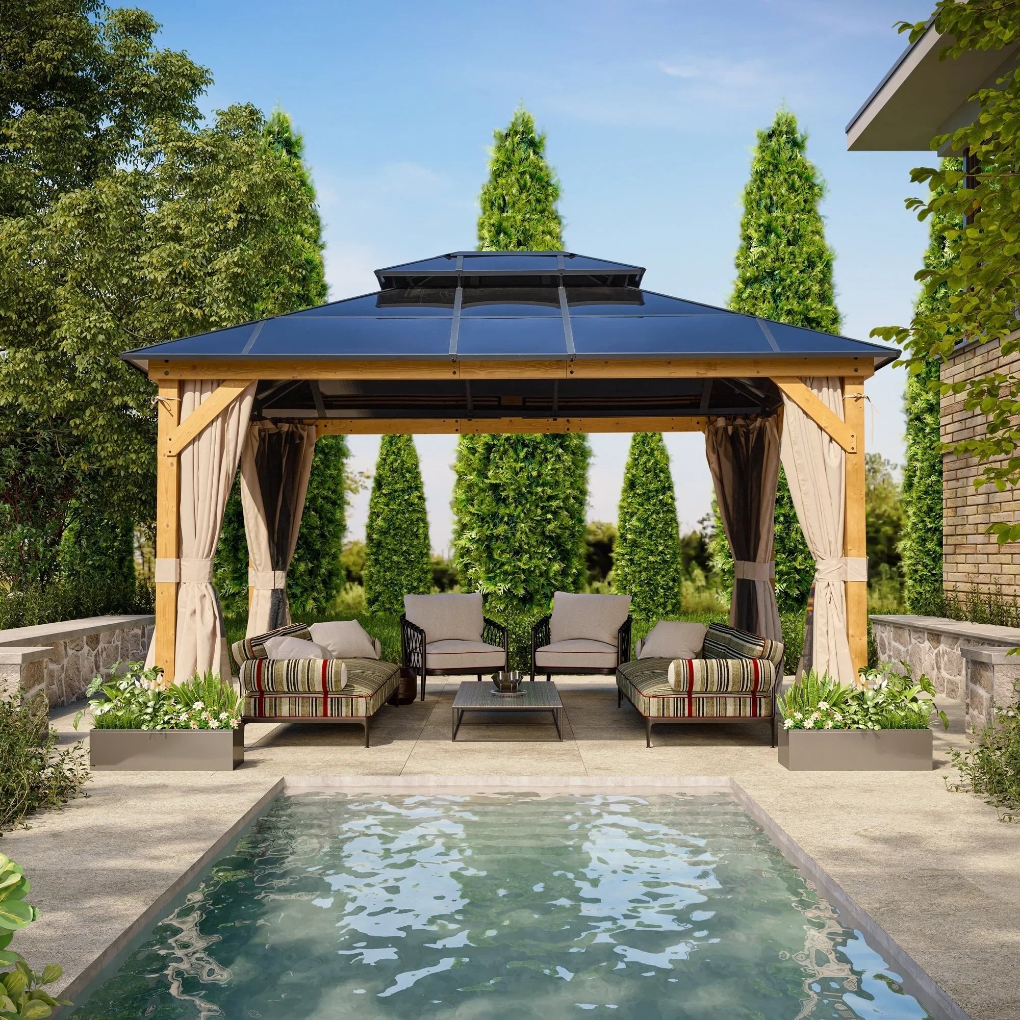 EROMMY Gazebo a tetto rigido, Pergola da esterno con doppio tetto, zanzariere e tende, Tenda da sole resistente per patio, cortile, feste in piscina