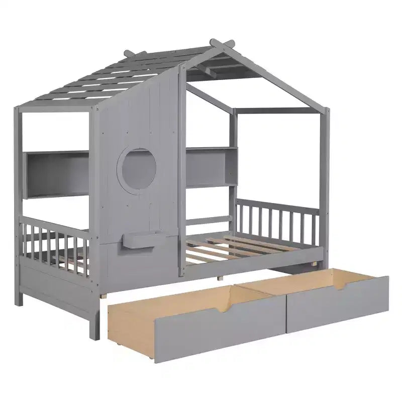 Letto a casetta in legno per bambini, piazza singola/matrimoniale, con 2 cassetti e ripiano portaoggetti - ModernLuxe
