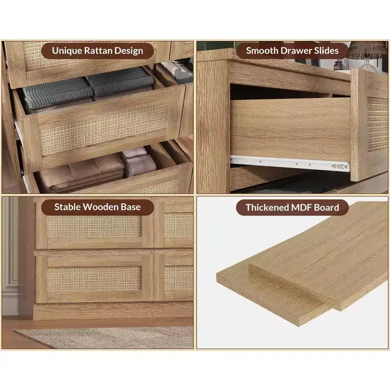 Cassettiera in Rattan per Camera da Letto con 6 Cassetti, Comò Largo Moderno in Stile Fattoria da 120 cm, Mobile Contenitore in Legno per Armadio, Soggiorno, Corridoio