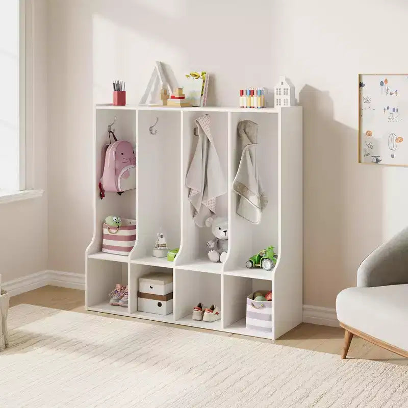 Mobiletto/armadietto a 4 scomparti marrone/bianco con 8 ganci, per bambini