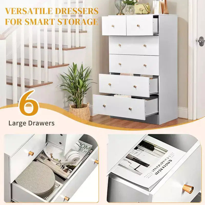 Karl Home Cassettiera Grande a 6 Cassetti per Camera da Letto e Comodino con Robusta Struttura Organizzatore Contenitore in Legno per Armadio, Bianco