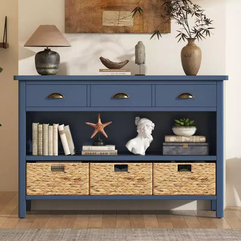Consolle da Ingresso con Contenitore, Tavolo da Ingresso Stile Rustico con 3 Cassetti e 3 Cesti in Giacinto d'Acqua per Soggiorno o Ingresso - Panipeachy