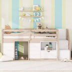 Letto a soppalco basso in legno massiccio, piazza e mezza, 94.6L x 42.3W, con scala, cassetto e mensola, design moderno e pulito