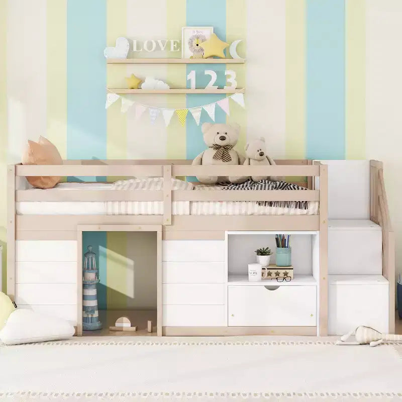 Letto a soppalco basso in legno massiccio, piazza e mezza, 94.6L x 42.3W, con scala, cassetto e mensola, design moderno e pulito