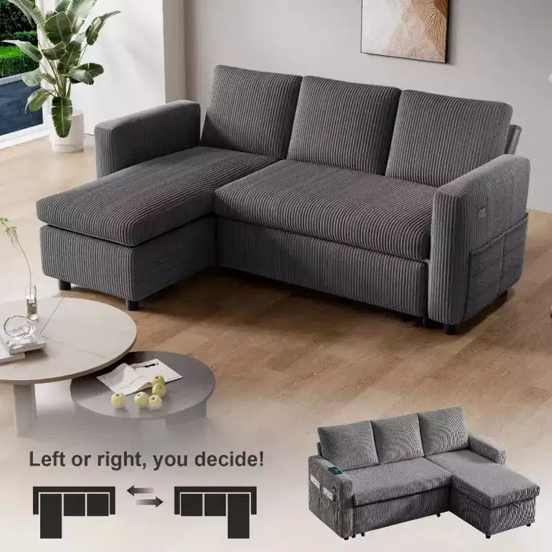 Divano Letto Estraibile 2 in 1 Dyonery con Chaise Longue Contenitore e USB, Divano Angolare in Velluto a Coste per Soggiorno