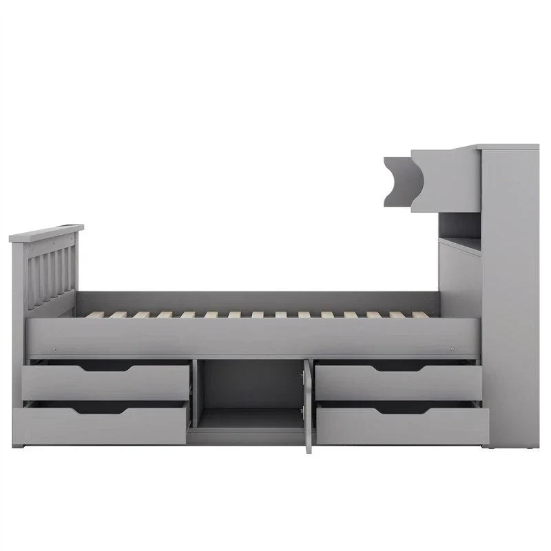 Letto a piattaforma Twin/Full Size Captain con 4 cassetti e mensole portaoggetti, struttura letto in legno massello con testiera libreria contenitore