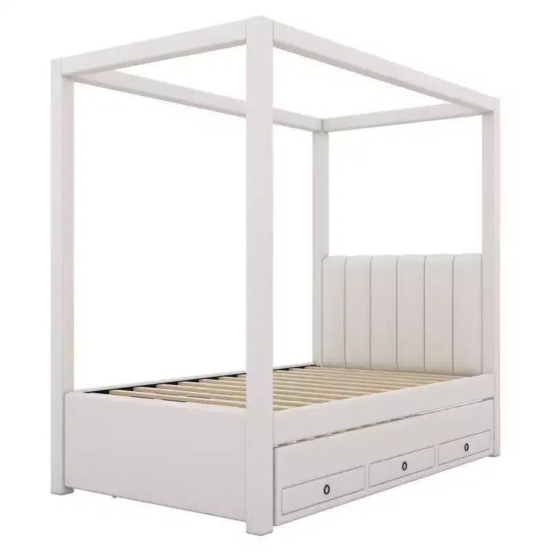 Letto a baldacchino a piattaforma imbottito in lino, matrimoniale, con letto estraibile e tre cassetti portaoggetti