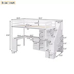 Letto a soppalco singolo con scrivania a L, 3 cassetti, armadio, contenitore per scale, struttura in pino massiccio/MDF