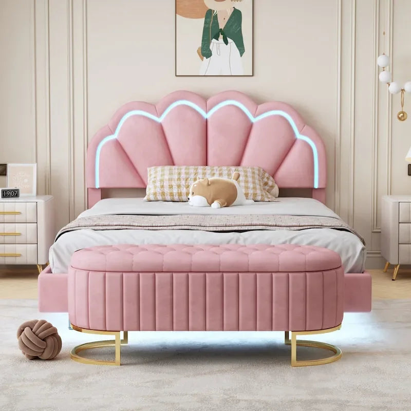 Comodino a 2 Pezzi Letto a Piattaforma Matrimoniale a LED con Pouf Contenitore