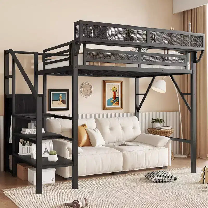 Okak 94IN Letto a soppalco singolo con armadio, letto singolo con ripiani portaoggetti e cestino, telaio letto per camera da letto, dormitorio