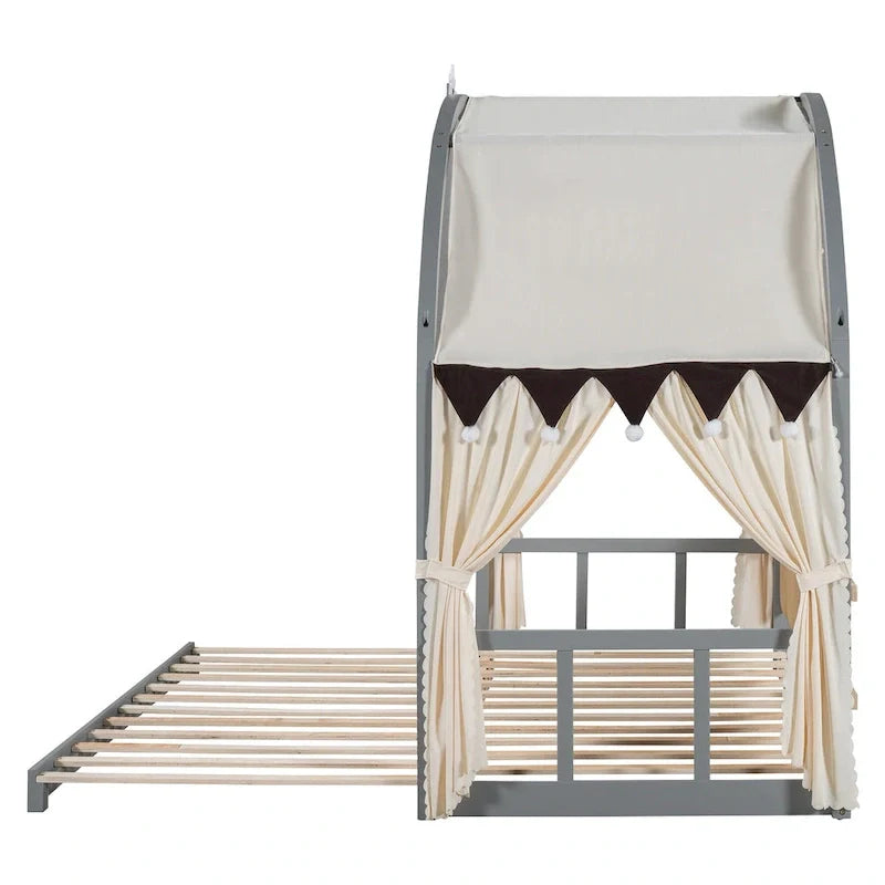 Letto a piattaforma in legno massiccio a forma di casetta, letto Montessori a terra con tetto ad arco e letto estraibile per bambine e bambini