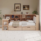 Divano Letto a "L" in Legno con Scrivania, Mobile Libreria, Letto Angolare con Cassetti Sottostanti, Testiera Imbottita con Luce Integrata